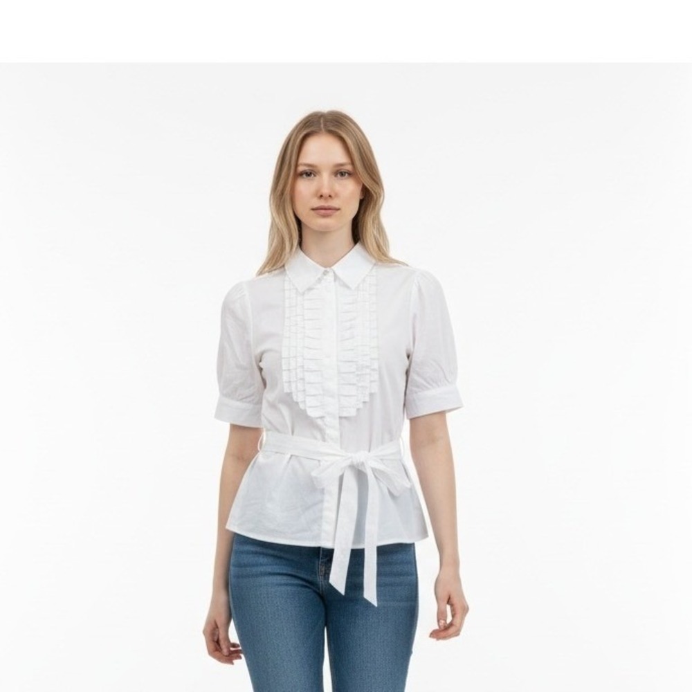 Confess Victorian Revival White Ruffle Tuxedo Blouse Short Sleeve Button Down M